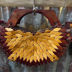 Handcrafted Leaf Design Wooden Bag - Yellow and Brown
